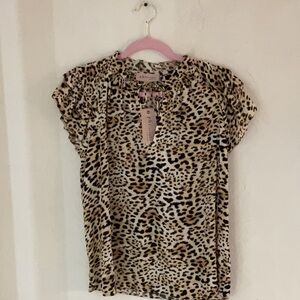 Philosophy Leopard Print Ruffle Sleeve Blouse, Size S/P, Black/Tan, NWT
